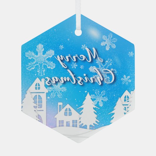 Merry Xmas Blue White House Snow Glas Ornament (Achterkant)