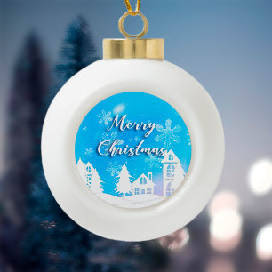 Merry Xmas Blue White House Snow Keramische Bal Ornament