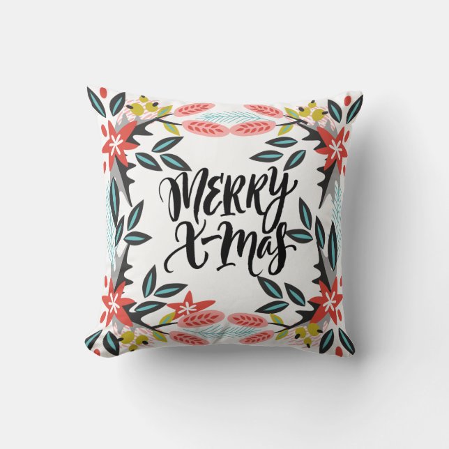 Merry Xmas Calligraphy and Holiday Foliage Kussen (Voorkant)