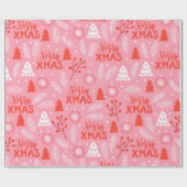 Merry Xmas Cute Pink Retro Botanische Kerstmis Cadeaupapier (Vlak)