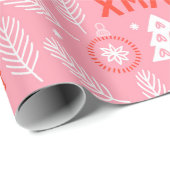 Merry Xmas Cute Pink Retro Botanische Kerstmis Cadeaupapier (Rol Hoek)