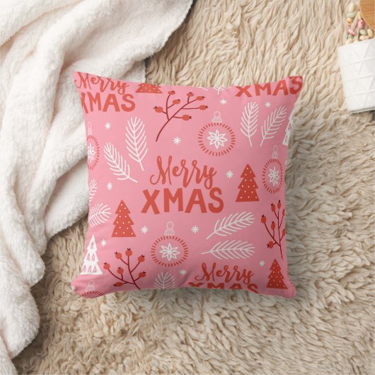 Merry Xmas Cute Pink Retro Botanische Kerstmis Kussen (Deken)