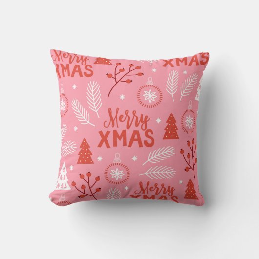 Merry Xmas Cute Pink Retro Botanische Kerstmis Kussen (Voorkant)
