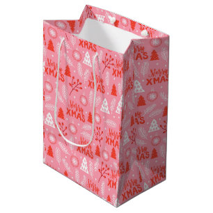 Merry Xmas Cute Pink Retro Botanische Kerstmis Medium Cadeauzakje