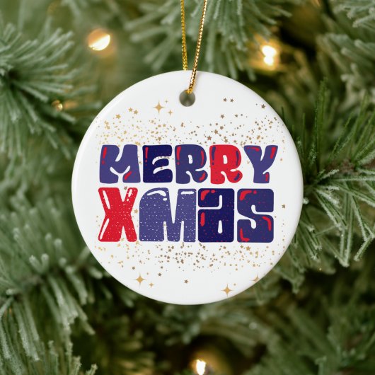 Merry Xmas Cute Red Blue Gold Keramisch Ornament (Boom)