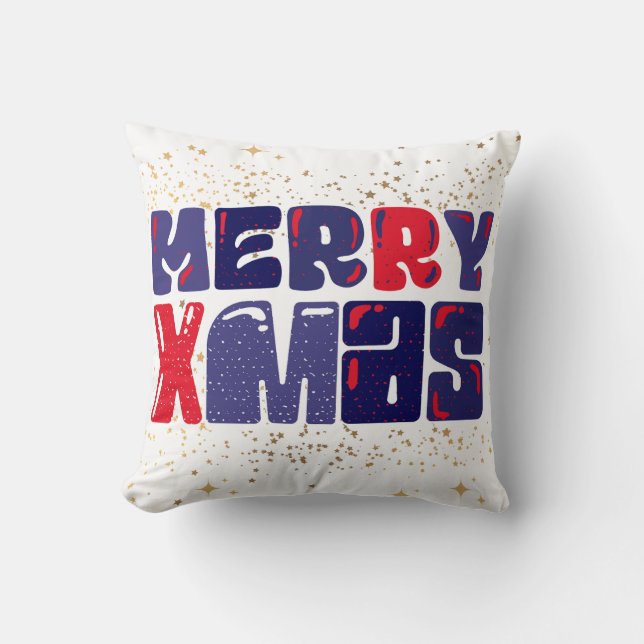 Merry Xmas Cute Red Blue Gold Kussen (Voorkant)