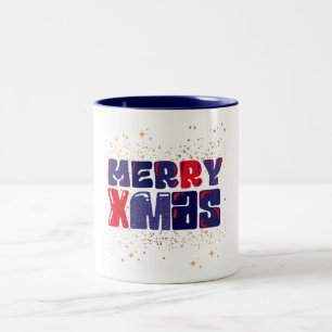 Merry Xmas Cute Red Blue Gold Tweekleurige Koffiemok