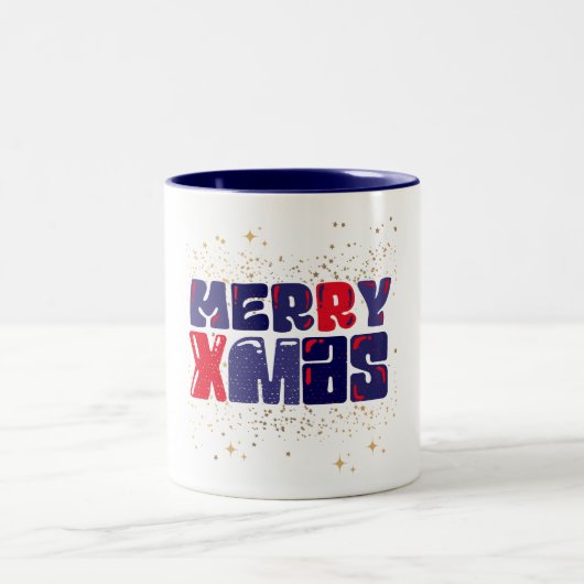 Merry Xmas Cute Red Blue Gold Tweekleurige Koffiemok (Center)