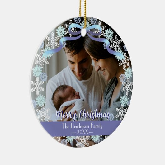 Merry Xmas familie Foto naam Light Blue Paars Keramisch Ornament (Rechts)
