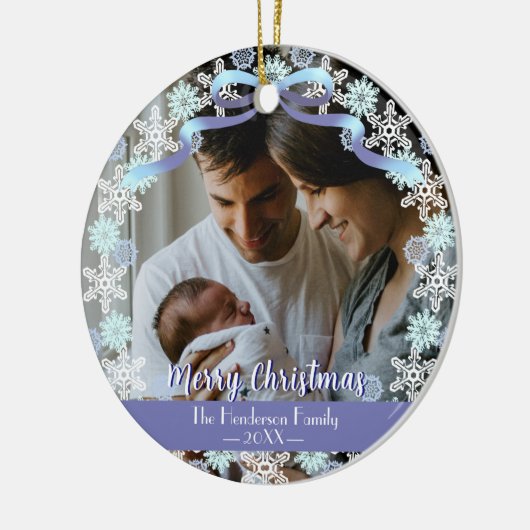 Merry Xmas familie Foto naam Light Blue Paars Keramisch Ornament (Links)