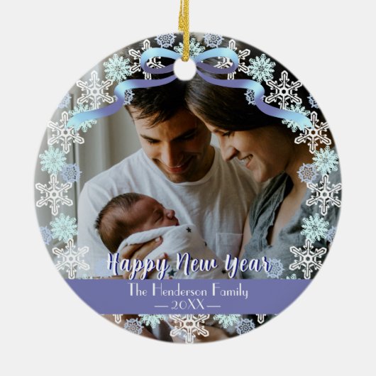 Merry Xmas familie Foto naam Light Blue Paars Keramisch Ornament (Achterkant)