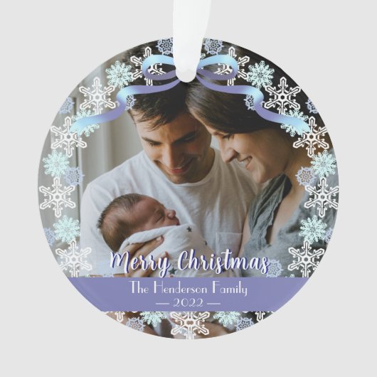 Merry Xmas familie Foto naam Light Blue Paars Ornament (voorkant)