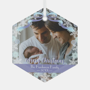 Merry Xmas familie Foto naam Soft Blue Paars Tone Glas Ornament