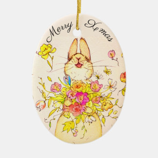 Merry Xmas flower&rabbit Keramisch Ornament