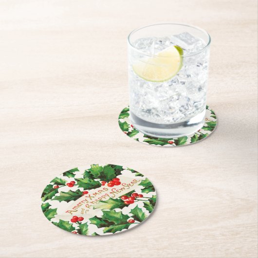 Merry Xmas & Happy New Year Holly Ronde Kartonnen Onderzetter (Insitu)