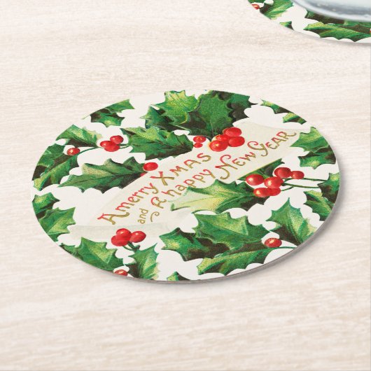 Merry Xmas & Happy New Year Holly Ronde Kartonnen Onderzetter (Gebogen)
