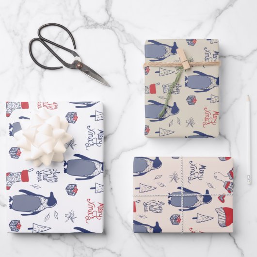 Merry Xmas Penguin Christmas Petten Handschoenen P Inpakpapier Vel (Voorkant)