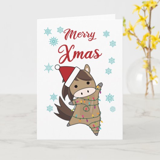 Merry Xmas Ponny Horse Snow Fairy Lights Kaart (Gele Bloem)