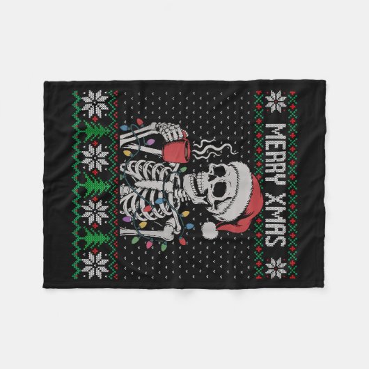 Merry Xmas Skeleton Ugly Sweater, Skull Wearing Sa Fleece Deken (Voorkant (Horizontaal))