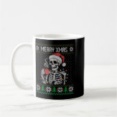 Merry Xmas Skeleton Ugly Sweater, Skull Wearing Sa Koffiemok (Links)