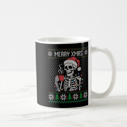 Merry Xmas Skeleton Ugly Sweater, Skull Wearing Sa Koffiemok (Rechts)