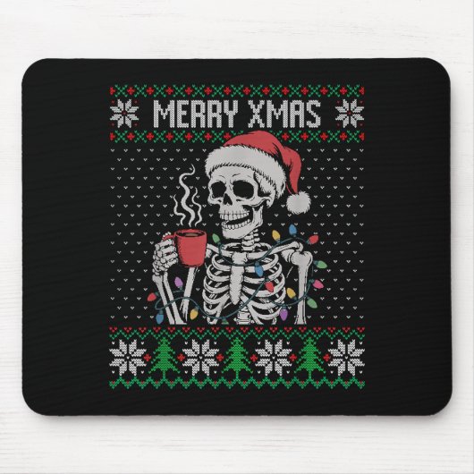 Merry Xmas Skeleton Ugly Sweater, Skull Wearing Sa Muismat (Voorkant)