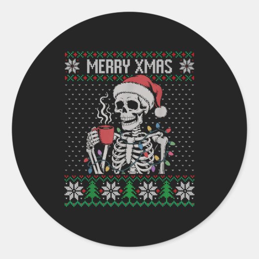 Merry Xmas Skeleton Ugly Sweater, Skull Wearing Sa Ronde Sticker (Voorkant)