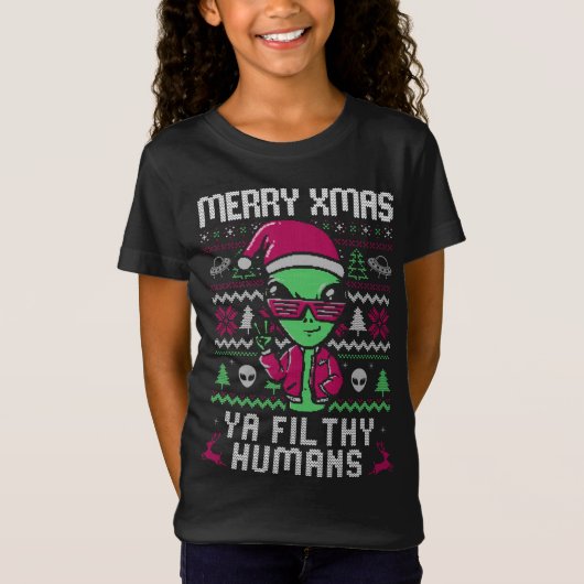 Merry XMas Ya Fil Thy Humans Funny Alien Ugly Swea T-shirt (Voorkant)