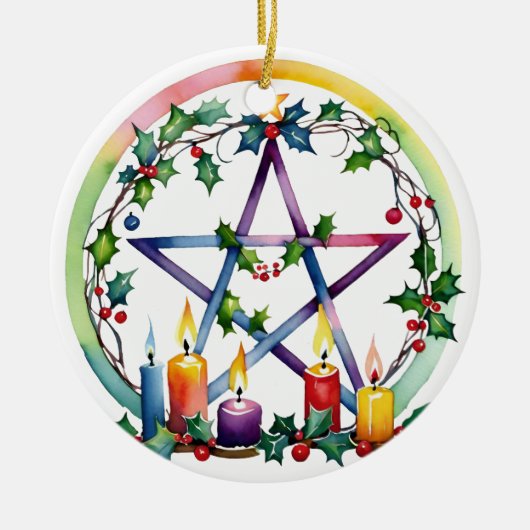 Merry Yule Feestelijke Pentacle Winter Wiccan Vaka Keramisch Ornament (Voorkant)