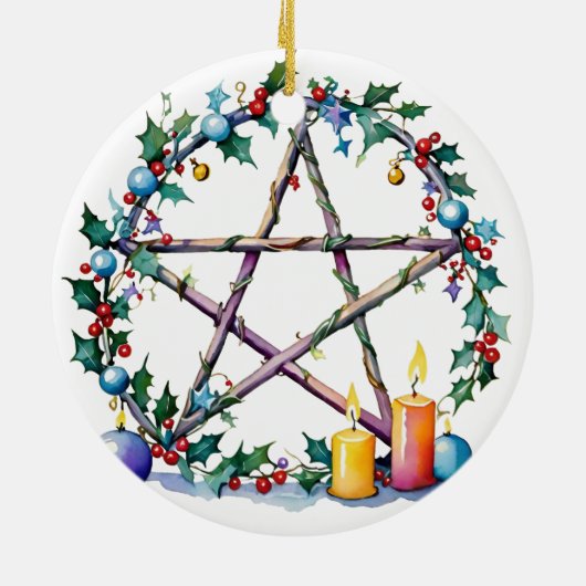 Merry Yule Feestelijke Pentacle Winter Wiccan Vaka Keramisch Ornament (Achterkant)
