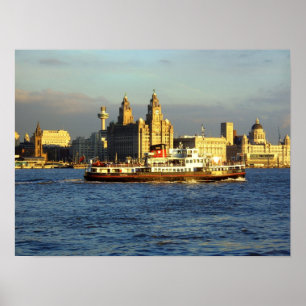 Mersey Ferry met Liverpool Waterfront voorbij Poster