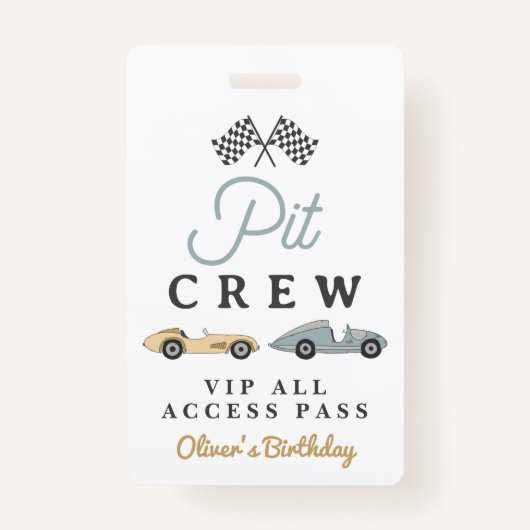 MERVERICK Race Car Birthday Party Pit CreIP Pass Badge (Voorkant)