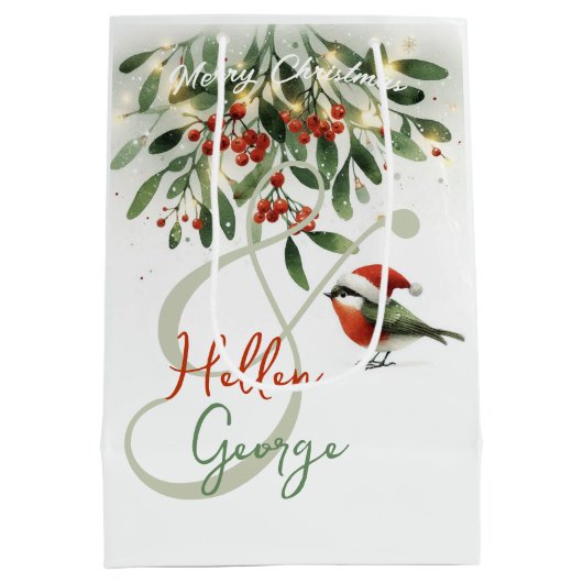 Mery Christmas Robin Mistletoe gepersonaliseerd Medium Cadeauzakje (Achterkant)