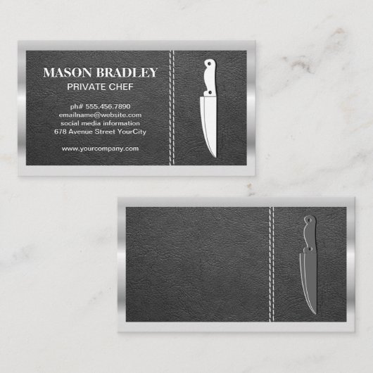 mes | met leer gestikt | metalen rand visitekaartje (Voorkant / Achterkant)