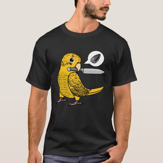 Mes papegaai wil zaden in gele lution budgie bus t-shirt (Voorkant)