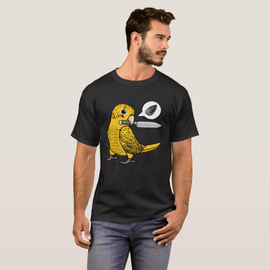 Mes papegaai wil zaden in gele lution budgie bus t-shirt (Voorkant volledig)