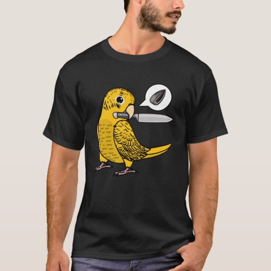 Mes papegaai wil zaden in gele lution budgie bus t-shirt (Voorkant)