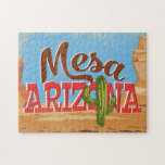 Mesa Arizona Cartoon Desert Vintage Travel Legpuzzel<br><div class="desc">Mesa Arizona neo vintage-reisontwerp in een grappige cartoon retro-stijl met de woestijn,  een cactus en rotsen. Blauw,  bruin en rood met groene cactus.</div>