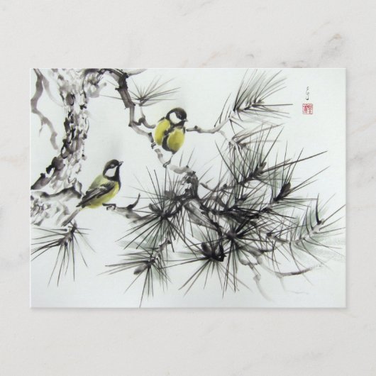 Mésanges aquarelle chinoise briefkaart (Voorkant)