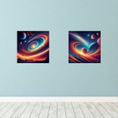 Mesmerizing Cosmic Worlds: Dual Space Art-Prints Muurkunst Sets (Houten vloer)