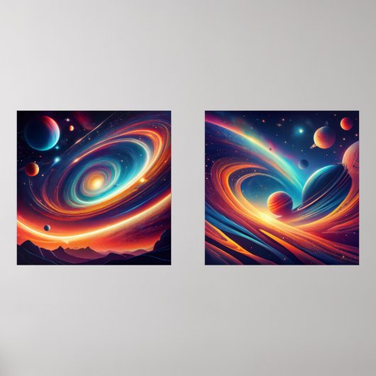 Mesmerizing Cosmic Worlds: Dual Space Art-Prints Muurkunst Sets (Voorkant)