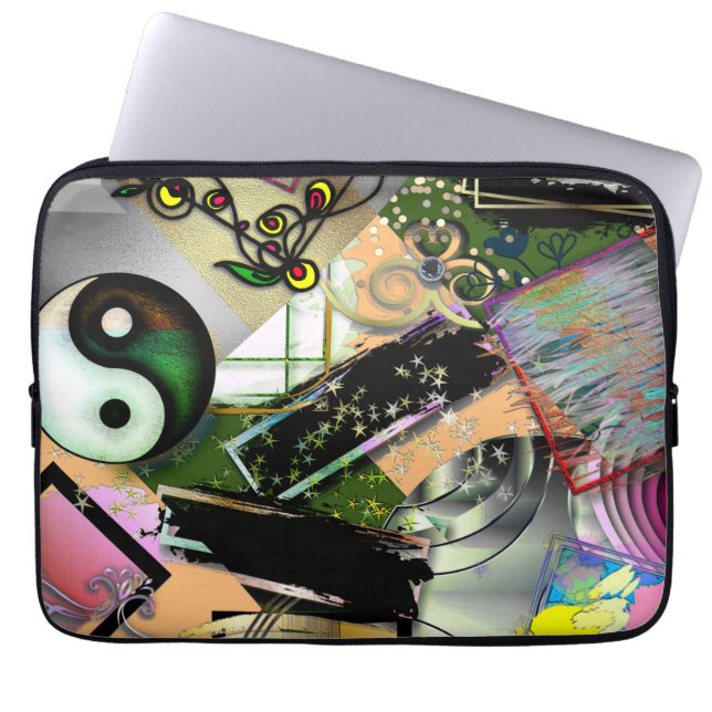 Mess of design objects & symbols with rogh effect laptop sleeve (Voorkant)