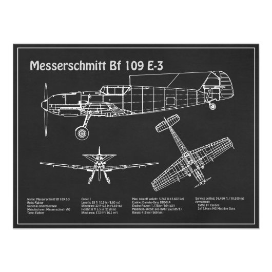 Messerschmitt Bf 109 - Blauwdruk PD van het vliegt Foto Afdruk (Voorkant)