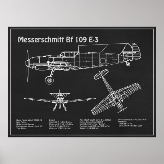 Messerschmitt Bf 109 - Blauwdruk PD van het vliegt Poster (Voorkant)