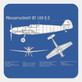 Messerschmitt Bf 109 - Vliegtuigblauwdruk ABD Vierkante Sticker