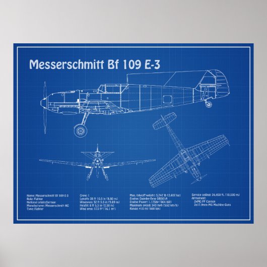 Messerschmitt Bf 109 - Vliegtuigblauwdruk AD Poster (Voorkant)