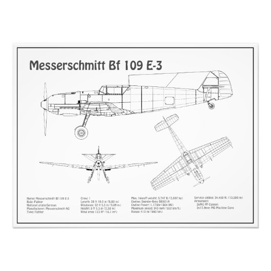 Messerschmitt Bf 109 - Vliegtuigblauwdruk BD Foto Afdruk (Voorkant)