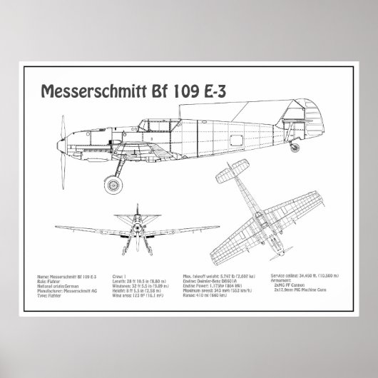 Messerschmitt Bf 109 - Vliegtuigblauwdruk BD Poster (Voorkant)