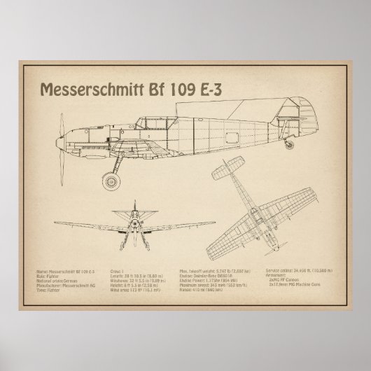 Messerschmitt Bf 109 - Vliegtuigblauwdruk SD Poster (Voorkant)