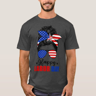 Messy Bun American Flag Labour Day Mannen Vrouw Vi T-shirt